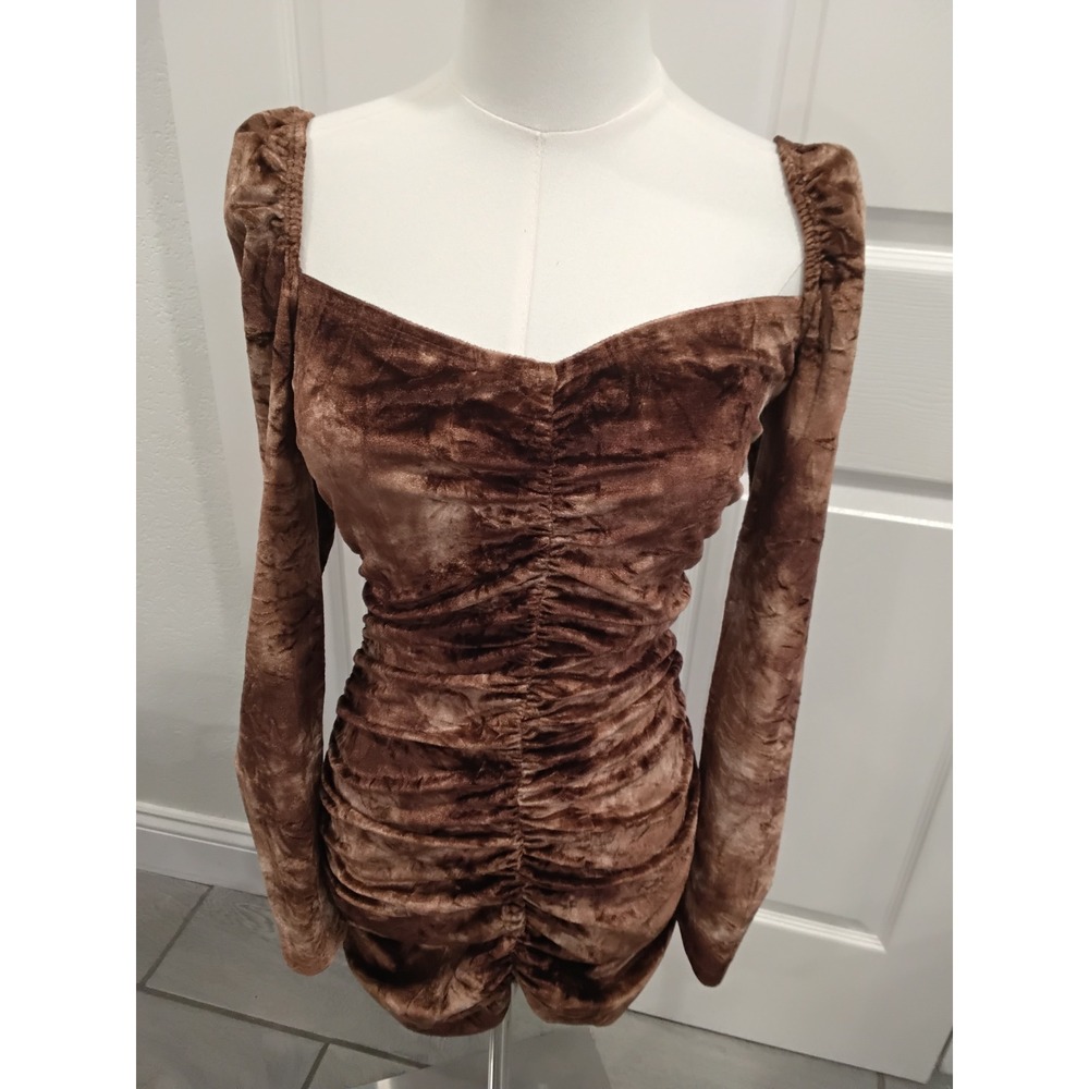 Reformation Brown Crushed Velvet Ruched Mini Dress Sweetheart Neck Long Sleeve S